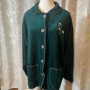 Vintage Forest Green Embroidered Birds Fleece Cardigan XL Made in USA
